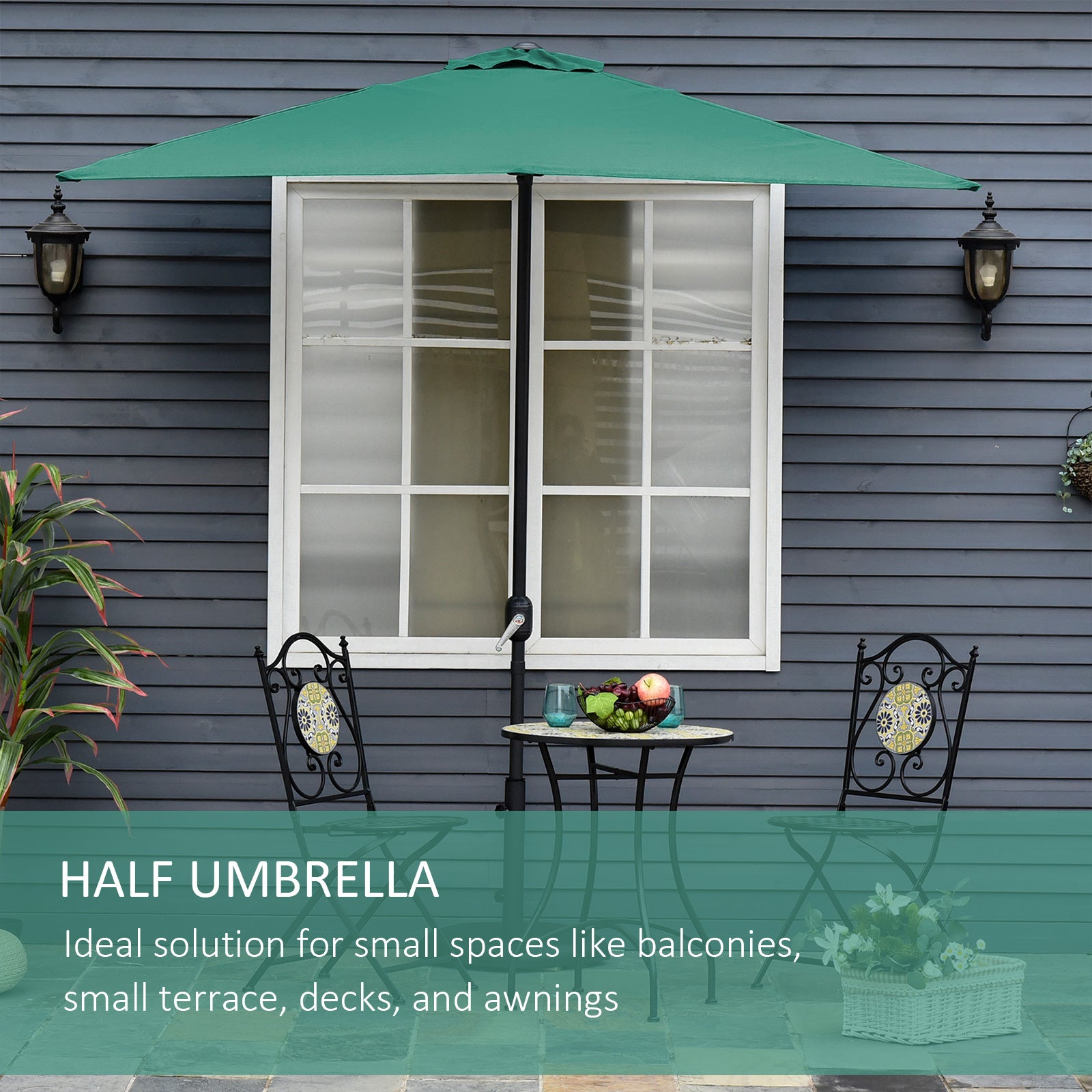 Outsunny 2.3m Half Round Parasol Umbrella Balcony Sun Shade Metal Green