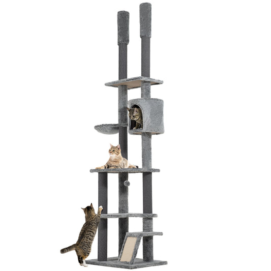 225-255cm Height Floor-to-Ceiling Cat Tree Large Cat Tower w/ Cat Scratching Posts, Ramp, Condo-0