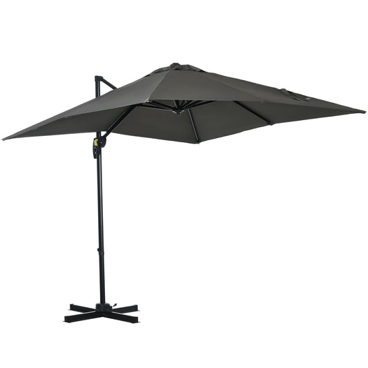 Outsunny 2.5 x 2.5m Patio Offset Parasol Umbrella Cantilever Hanging Aluminium Sun Shade Canopy Shelter 360° Rotation with Crank Handle and Cross Base