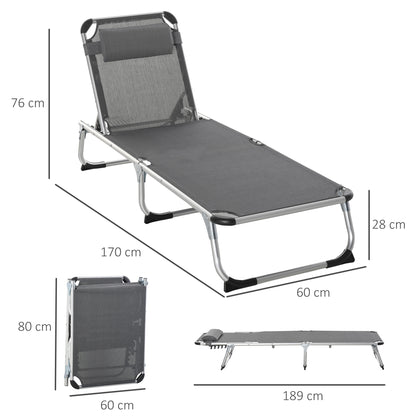 Outsunny Foldable Reclining Sun Lounger Lounge Chair Camping Bed Cot with Pillow 5-Level Adjustable Back Aluminium Frame Grey