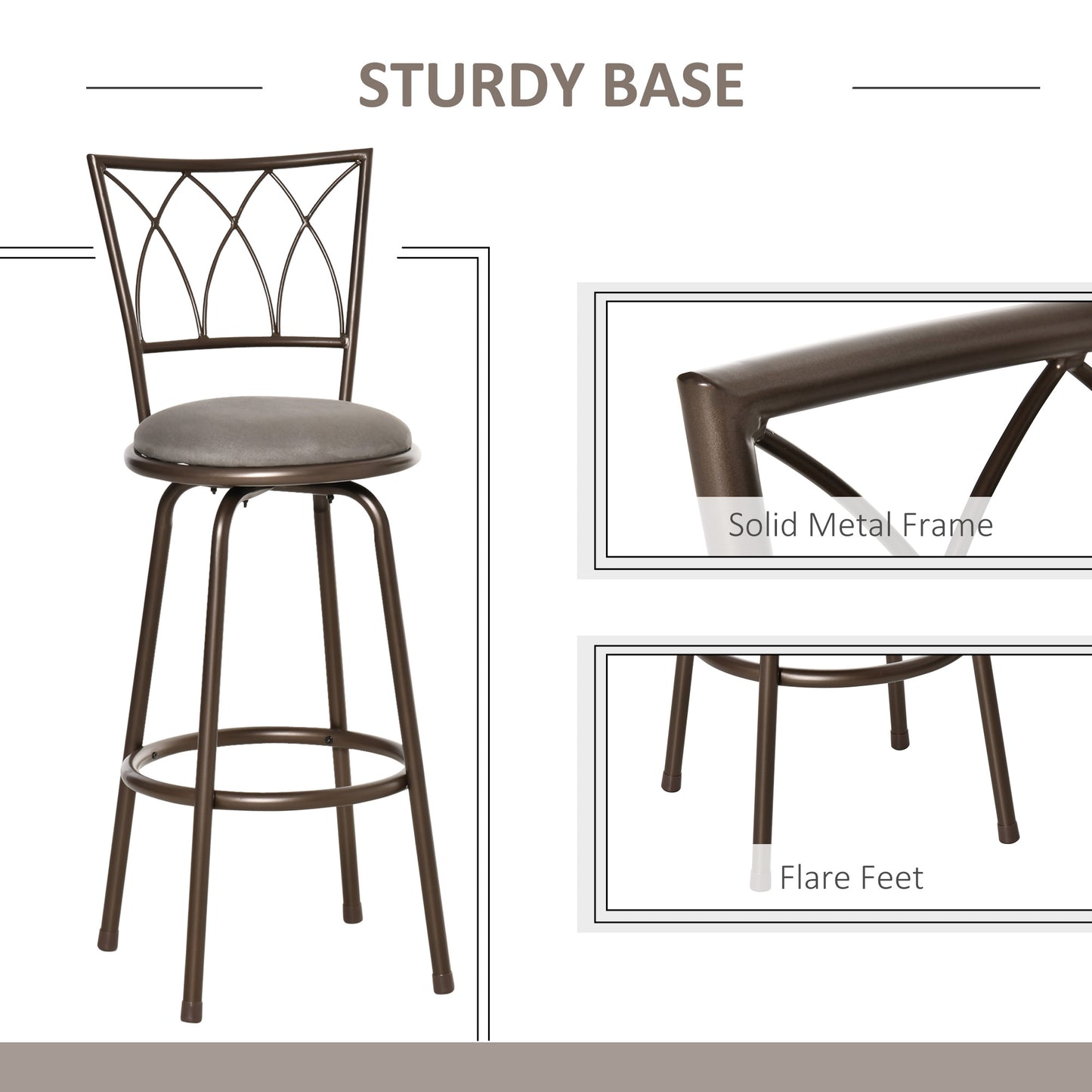 Homcom Set of 2 Bar Chairs Swivel Armless Upholstered Metal Frame Barstools with Backrest & Footrest