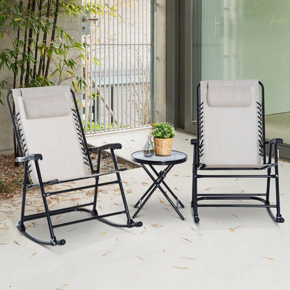 Outsunny 3 Piece Outdoor Rocking Set With 2 Folding Chairs And 1 Tempered Glass Table