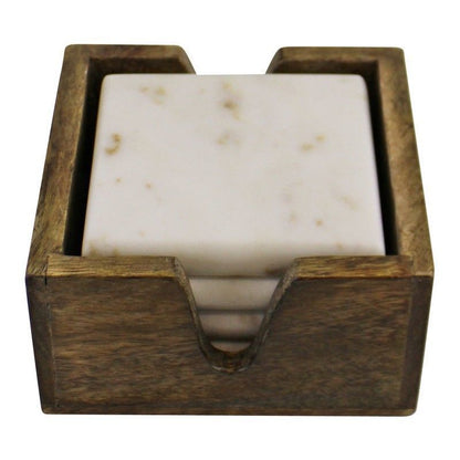 4x Coaster Marble & Wood White - 13cm