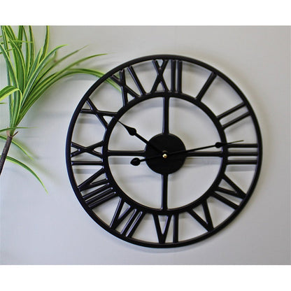 Roman Numeral Clock Metal Black Wall Mounted Battery Powered - 39cm