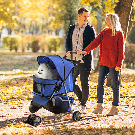 PawHut Pet Travel Stroller Cat Dog Pushchair Trolley Puppy Jogger Carrier Three Wheels for Small Miniature Dogs(Blue)