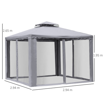 Outsunny 3 x 3 Meter Metal Gazebo Garden Outdoor 2-tier Roof Marquee Party Tent Canopy Pavillion Patio Shelter with Netting - Grey