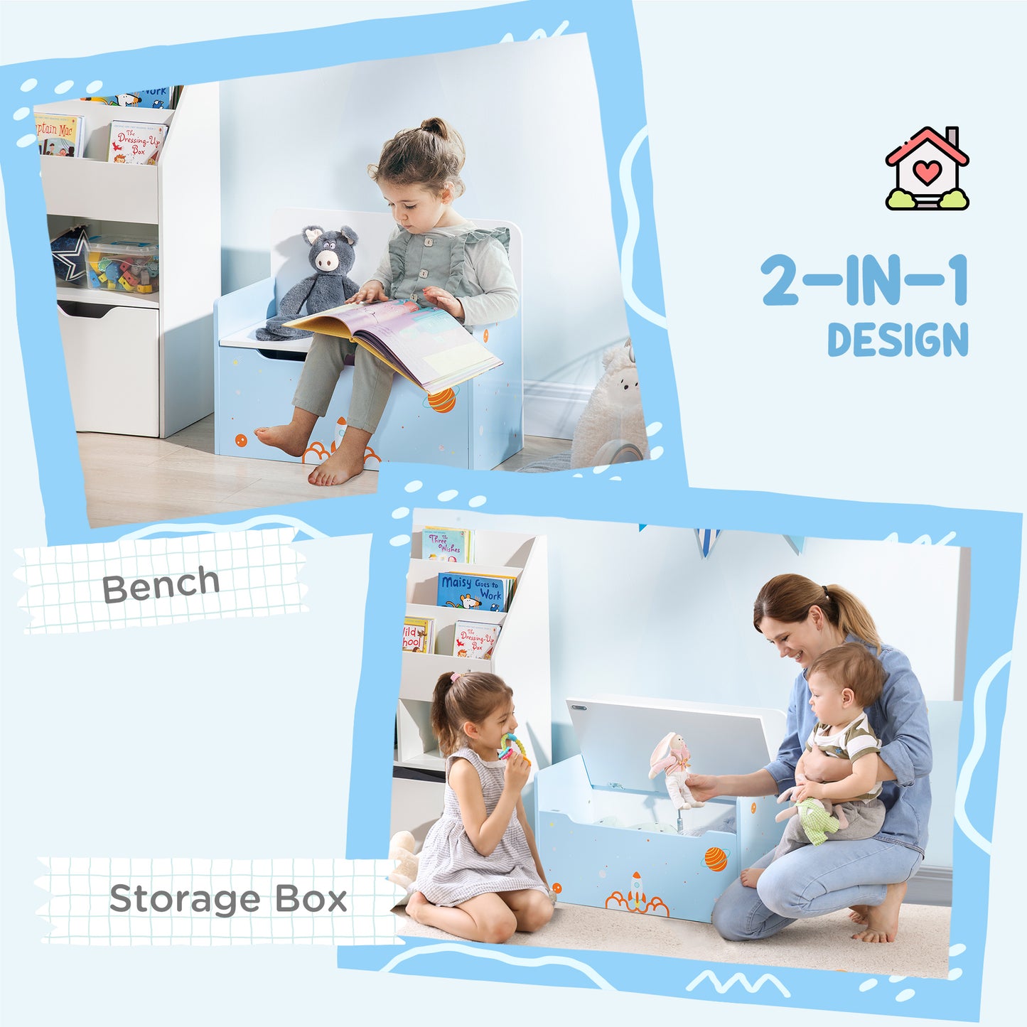 ZONEKIZ 2-IN-1 Wooden Toy Box