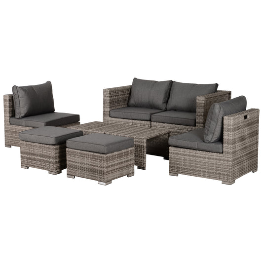 Outsunny 8pc Rattan Garden Furniture 6 Seater Sofa & Coffee Table Set Bonzer Outdoor Patio Furniture Wicker Weave Chair Space-saving Compact - Grey