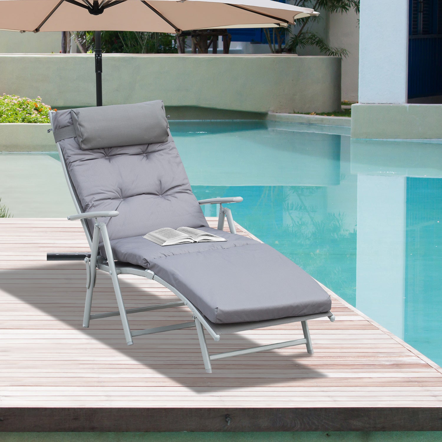 Outsunny Steel Frame Outdoor Garden Padded Sun Lounger With Pillow Grey