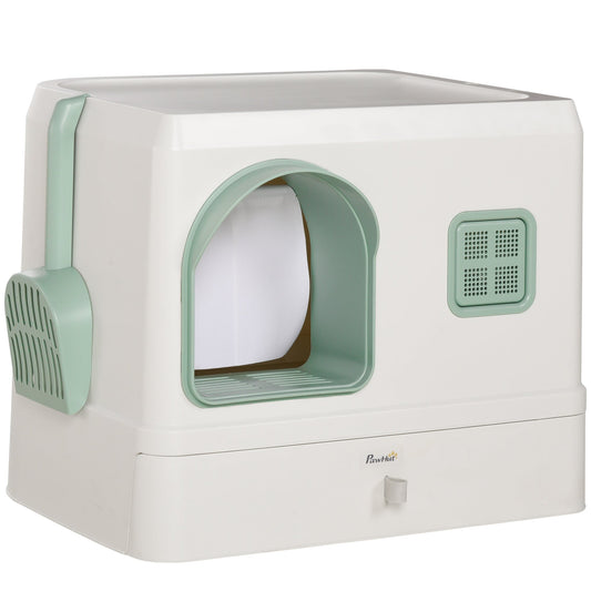 Cat Litter Box with Drawer Pan, Hooded Cat Litter Tray with Scoop, Deodorants, Front Entrance, 50 x 40 x 40 cm, White-0