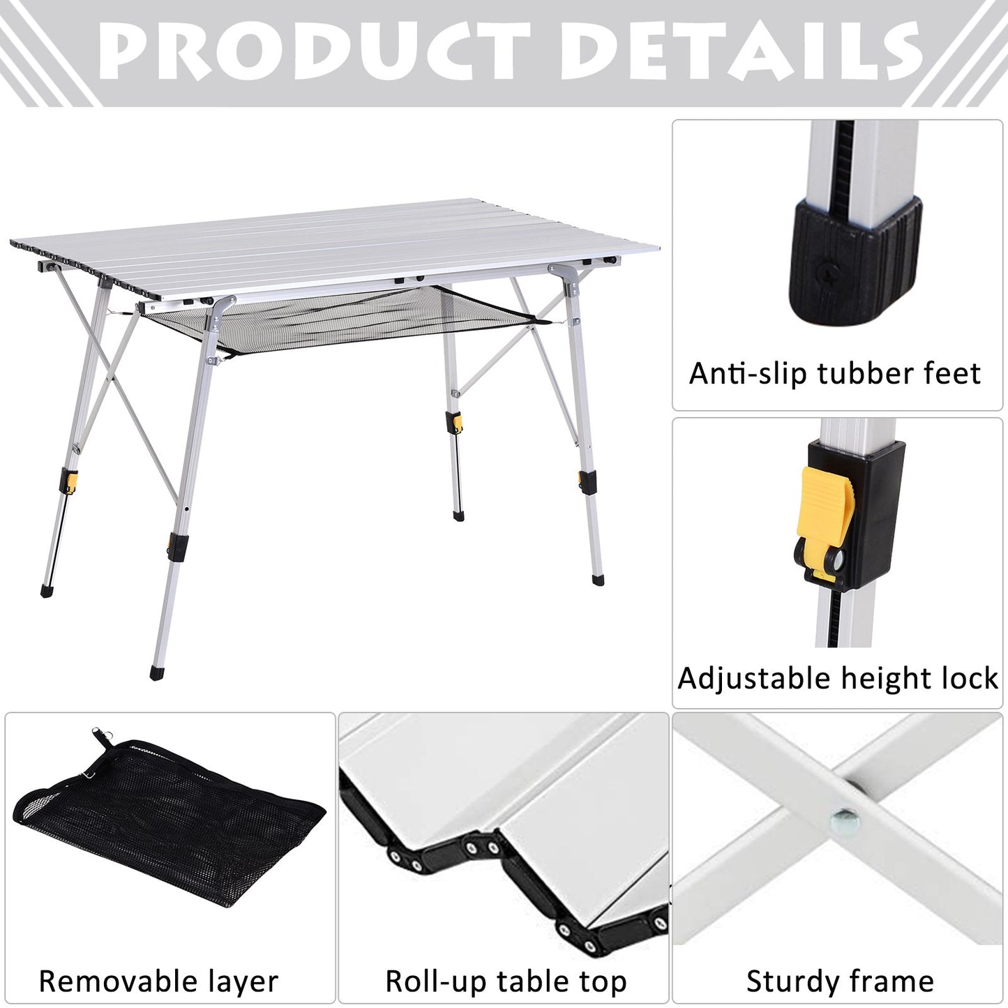 Outsunny 4FT Folding Aluminium Picnic Table Portable Camping BBQ Table Roll Up Top Mesh Layer Rack with Carrying Bag