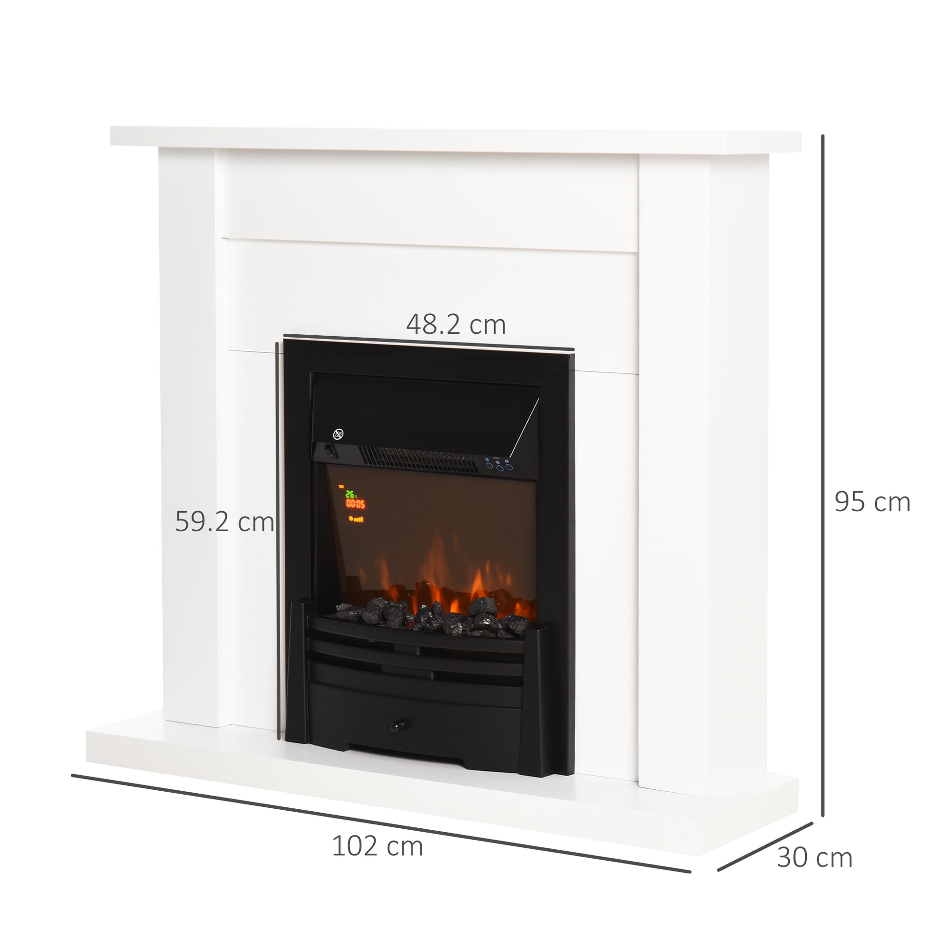 Homcom Electric Firplace Suites & Mantelpiece W/Led Flames Remote Marble Stone Modern Curved Surround Intelligent Safe Tempered Glass Adjustable Thermal 1000W/2000W