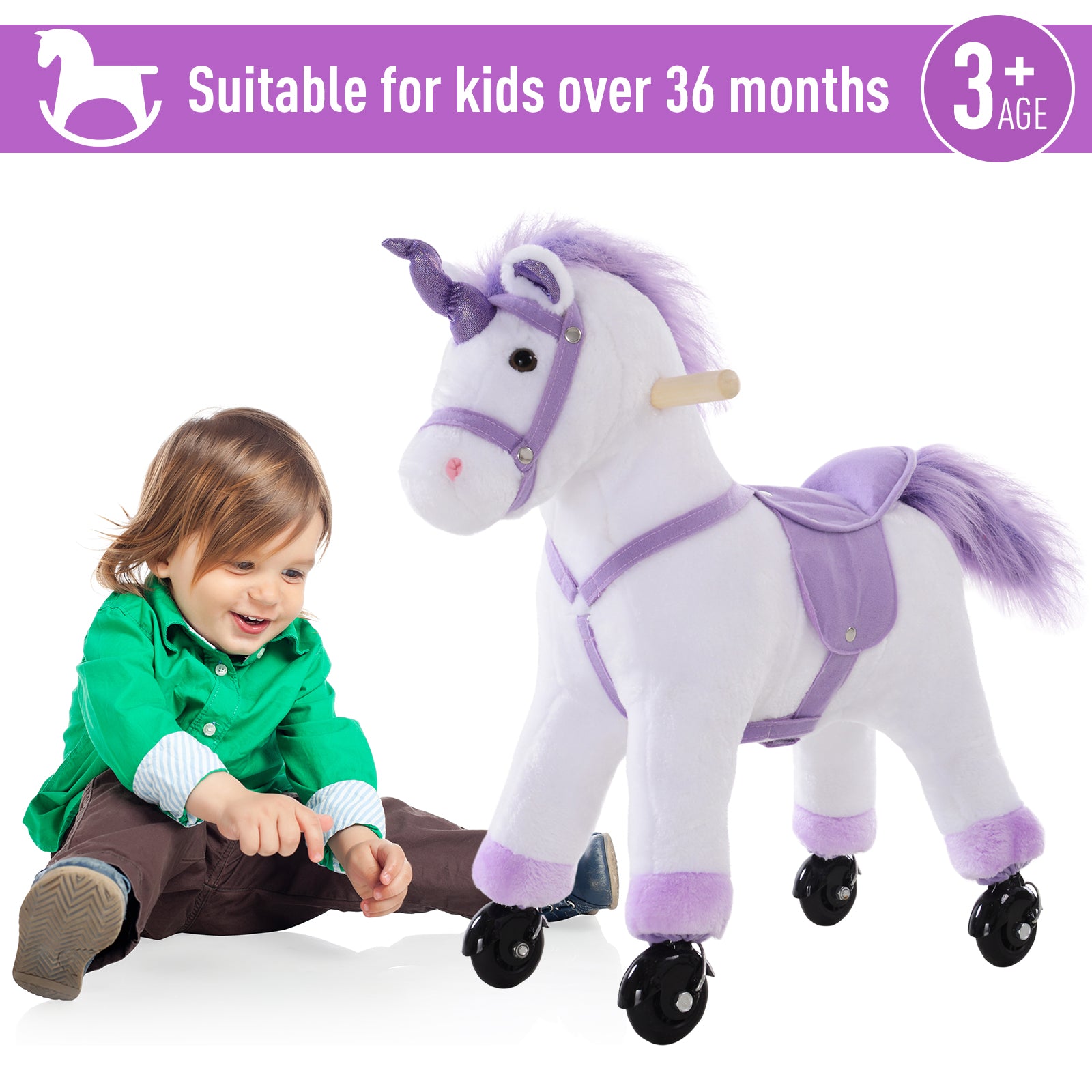 Homcom Four Wheel Sit-On Unicorn Horse Neigh Button Plush Safe Seat Handlebar Wood Frame