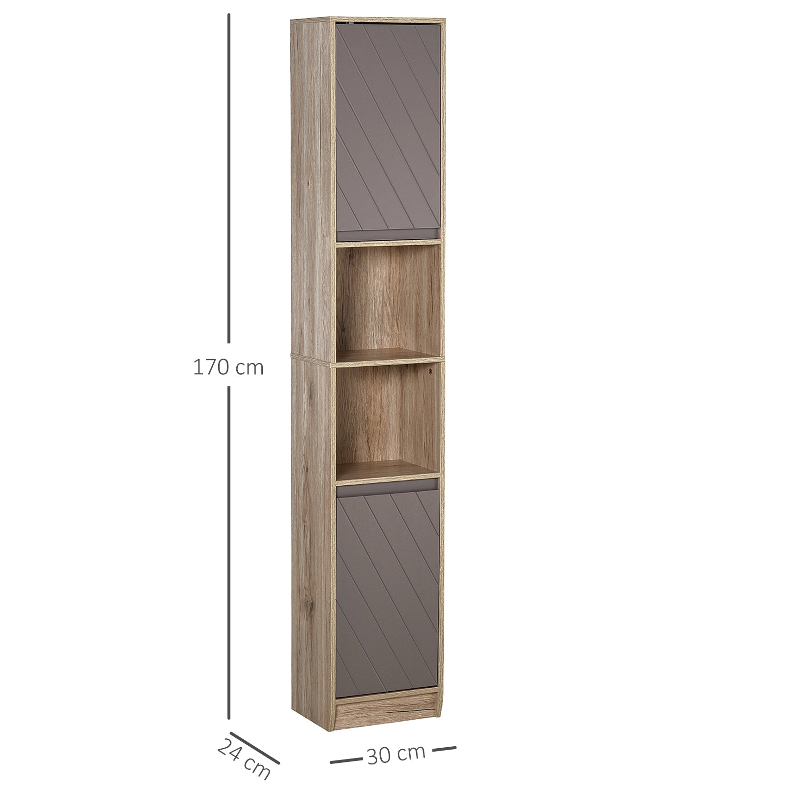 Homcom Freestanding Bathroom Storage Cabinet w/ 2 Cupboards 2 Compartments Home Organisation Anti-Tipping Elevated Base 30L x 24W x 170H cm Grey&Brown