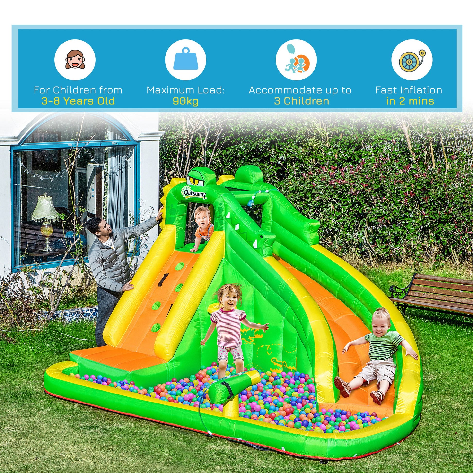 Outsunny 5 in 1 Kids Bouncy Castle Large Crocodile Style Inflatable House Slide Basket Water Pool Gun Climbing Wall with Blower Carrybag for Kids Age 3-8