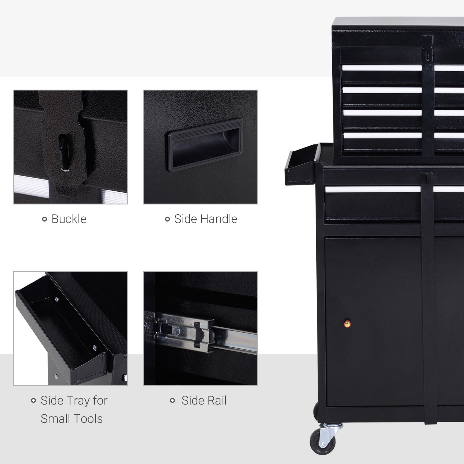 DURHAND Tool Chest 2 in 1 Metal Tool Cabinet Storage Box with 5 Drawers Pegboard Wheels 60x28x104.5cm Black