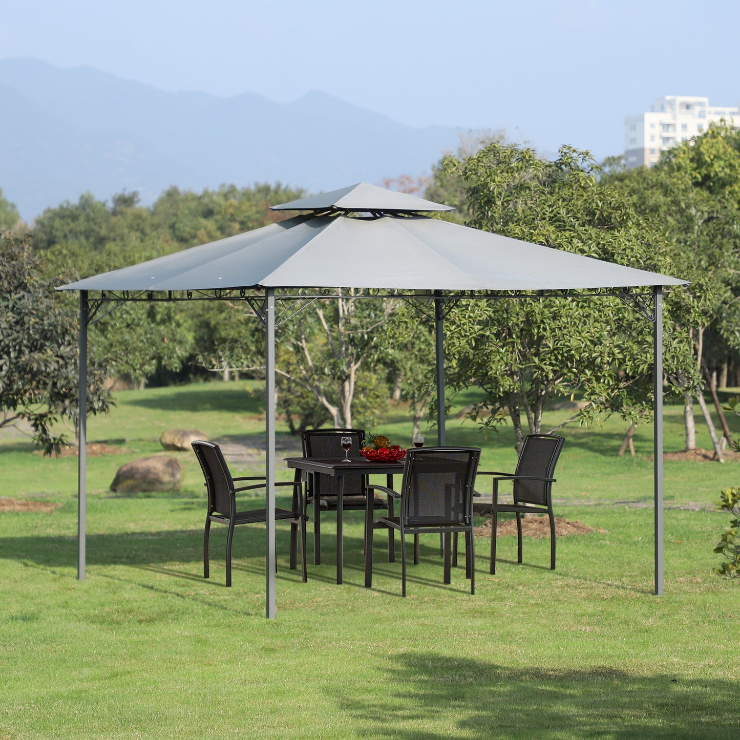 Outsunny 3x3(m) Outdoor Patio Gazebo Steel Canopy Tent Pavilion 2-Tier Roof Top Garden Sunshade Grey