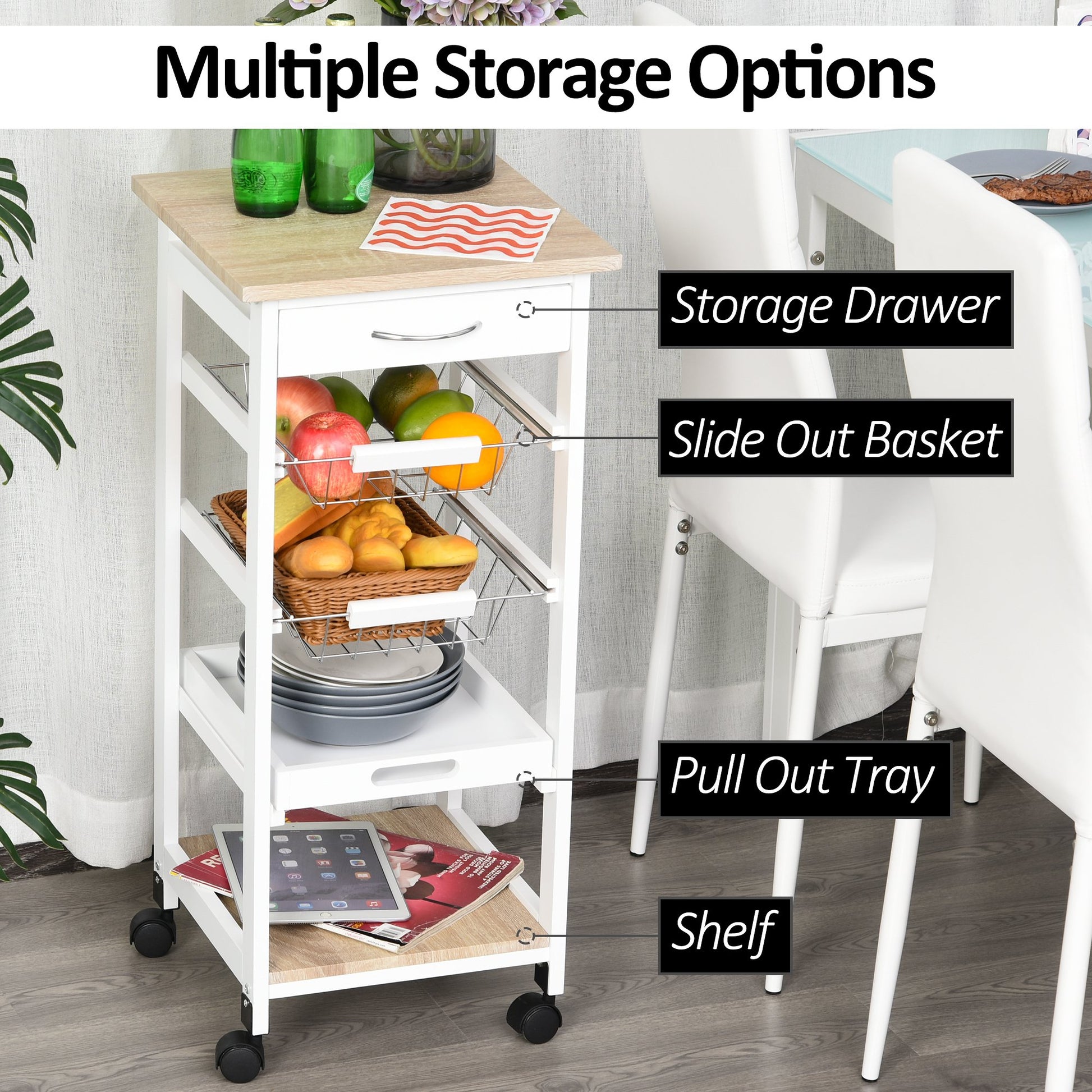 Homcom Mobile Rolling Kitchen Island Trolley for Home w/ Metal Baskets Trays Shelves Wheels Compact Stylish Storage White