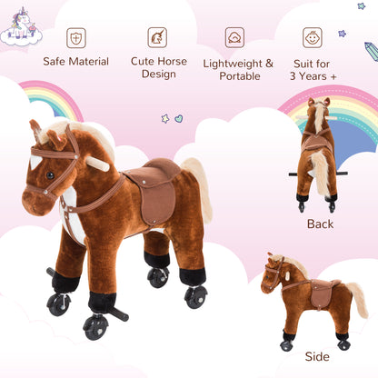 Homcom Wooden Action Pony Wheeled Walking Horse Riding Little Baby Plush Toy Wooden Style Ride on Animal Kids Gift w/Sound (Brown)