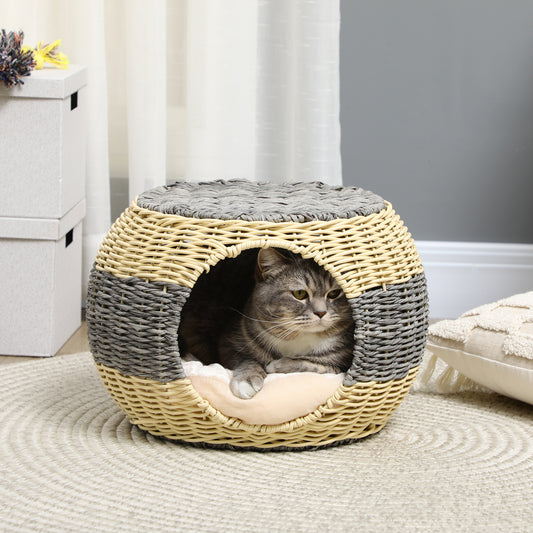 Pawhut Wicker Cat House Rattan Raised Cat Bed Cosy Kitten Cave With Soft Washable Cushion Diameter 40 X 30cm