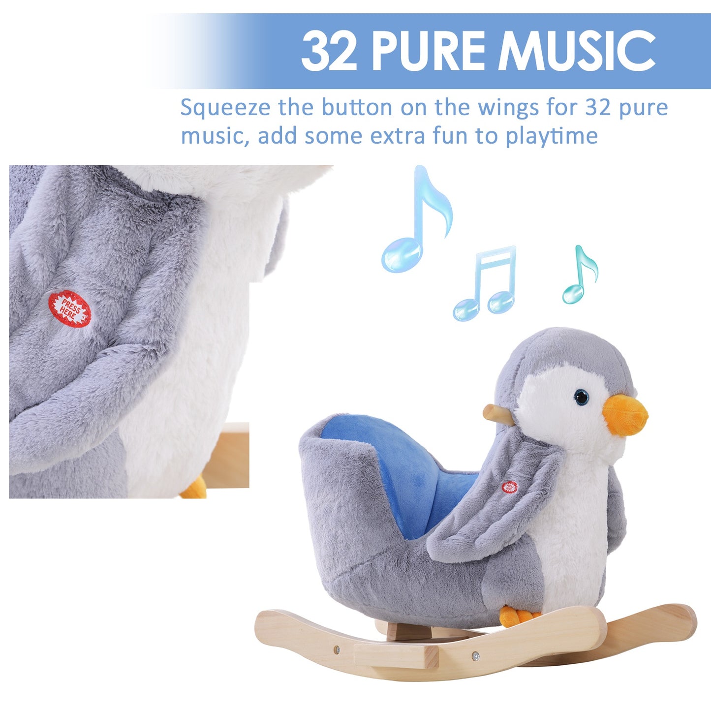 Homcom Children Kids Animal Rocking Horse Penguin Plush Musical Button 32 Songs Kid Rocker