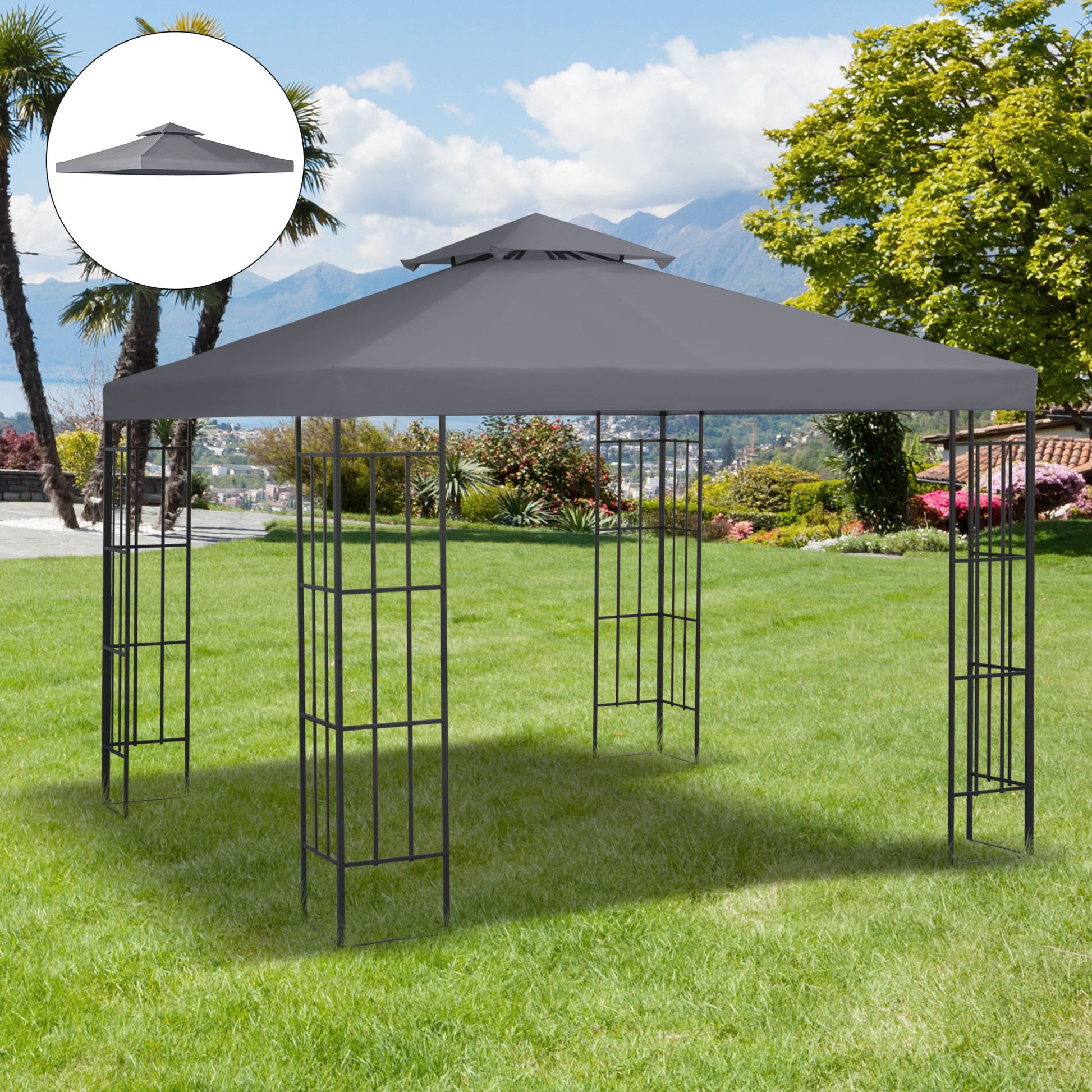 Outsunny 3(m) Gazebo Top Cover Double Tier Canopy Replacement Pavilion Roof Deep Grey