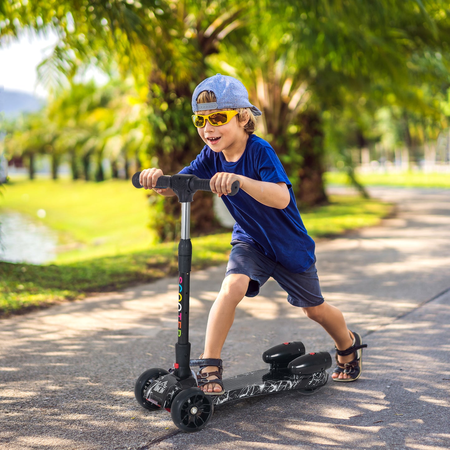 Homcom Kids 3 Wheel Plastic Scooter Adjustable Height w/ Engine-Look Water Spray Black