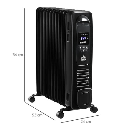 Homcom 2720W Digital Display Oil Filled Radiator 11Fin Portable Electric Heater w/ Built-in Timer Three Heat settings Safety switch Remote Control - Black