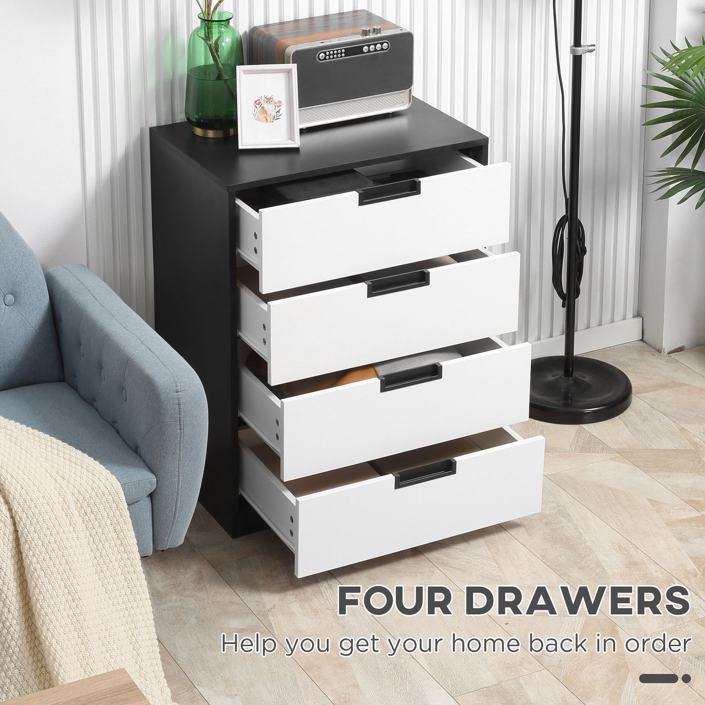 Homcom Drawer Chest 4-Drawer Storage Cabinet Organiser For Bedroom Living Room 60cmx40cmx80cm White And Black