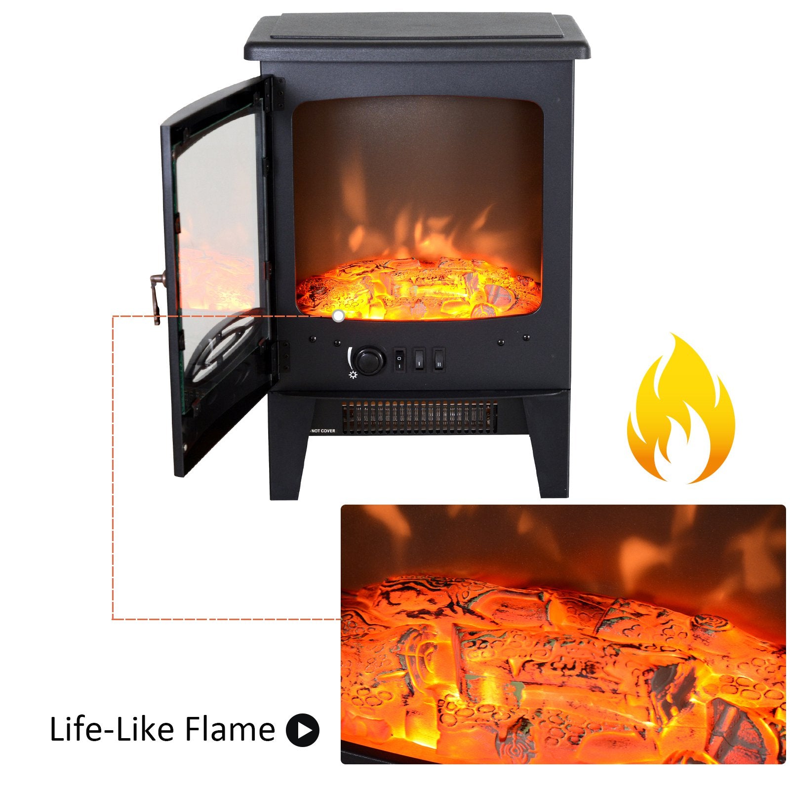 Homcom Electric Heater Freestanding Fireplace Artificial Flame Effect w/ Safety Thermostat 950w/1850W Tempered Glass Casing-Black