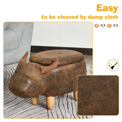 Homcom Animal footstool Buffalo Storage Stool Cute Kids Decoration Wood Frame Legs w/Padding Lid Ottoman Furniture Brown