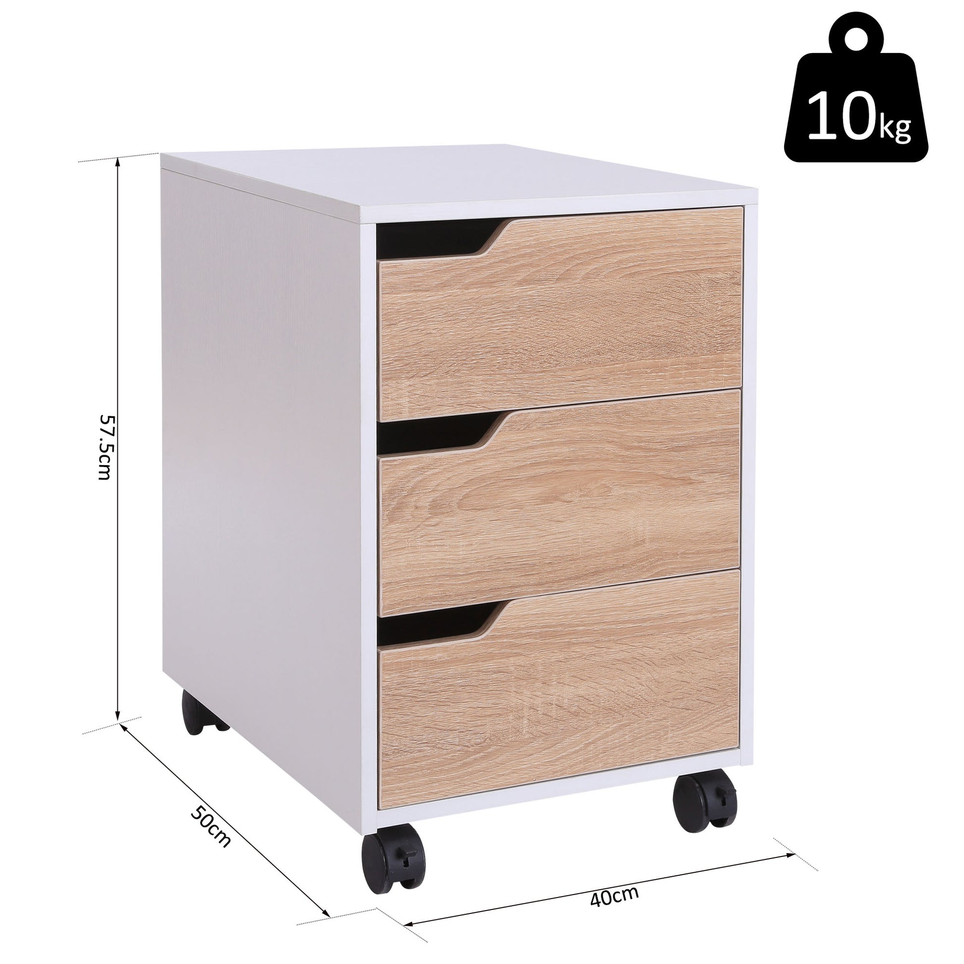 Homcom Medium-density fibreboard Mobile File Cabinet w/ 3 Drawers Locking Wheels Metal Rails Oak Tone White