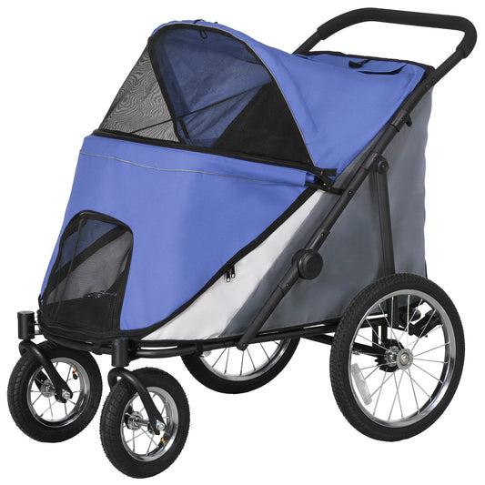 Foldable Pet Stroller, with Washable Cushion, Storage Bags, Safety Leash, for Medium, Large Dogs, Catts, Travel - Blue-0