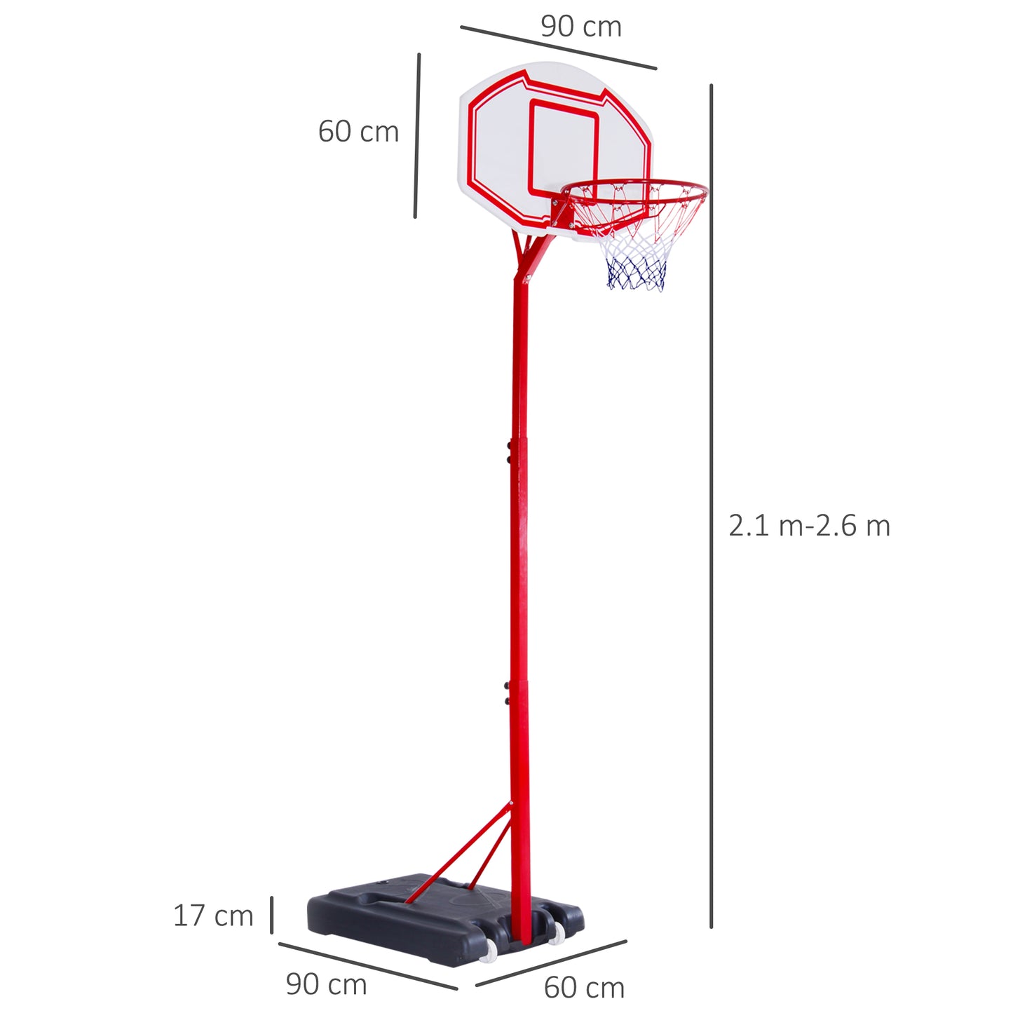 Homcom Basketball Stand Net Hoop Backboard Portable 260-310cm Height Adjustable with Wheels for Kids Adults Sports Fun