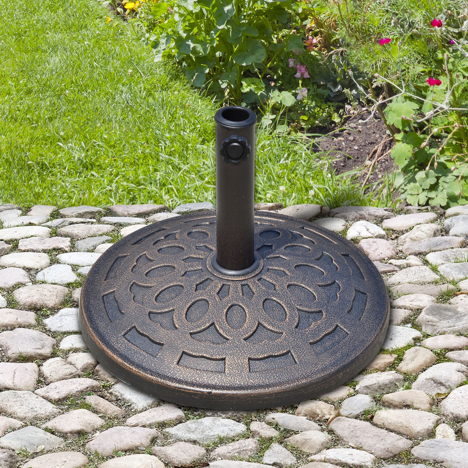 Outsunny 14kg Round Garden Parasol Base Holder Decorative Resin Market Umbrella Stand with Adjustable Coupler