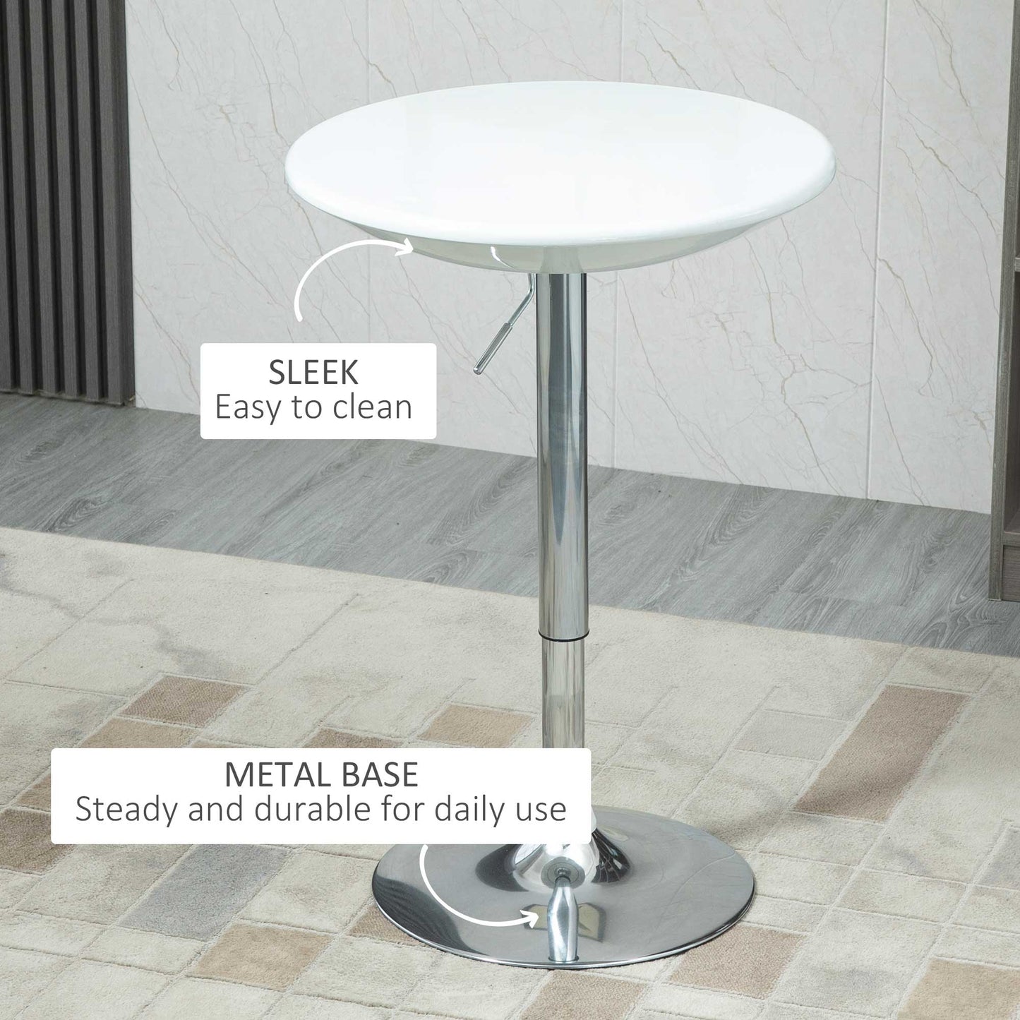 Homcom Modern Round Bar Table Adjustable Height Home Pub Bistro Desk Swivel Painted Top with Silver Steel Leg and Base