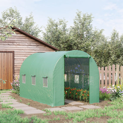 Outsunny 3.5 X 2M Walk-In Polytunnel Greenhouse With Steel Frame Pe Cover Roll-Up Door And 6 Windows Green