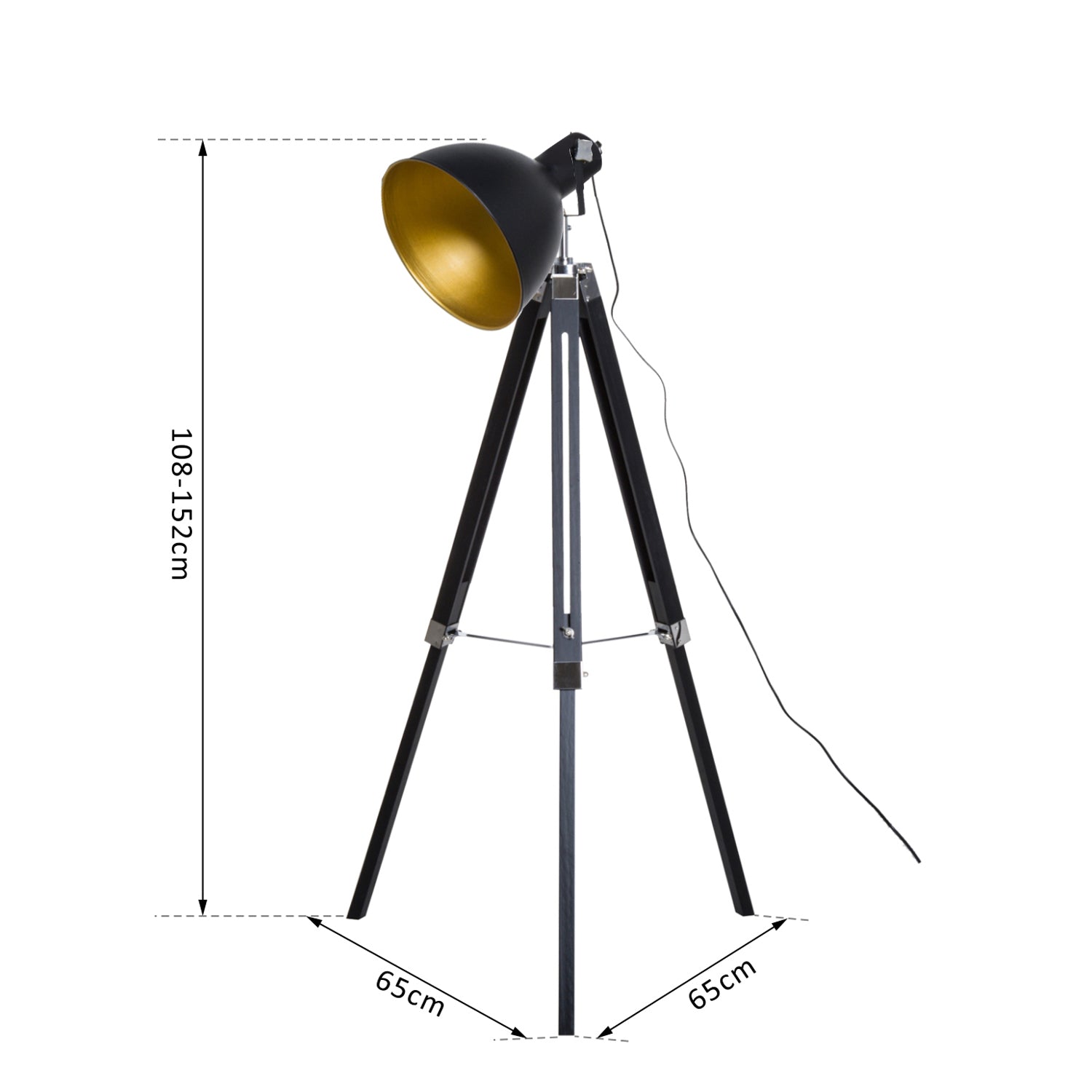 Homcom Industrial Floor Lamp for Living Room Tripod Spotlight Reading Lamp w/Wood Legs Metal Shade Adjustable Height Angle for Bedroom Home Office Black and Gold