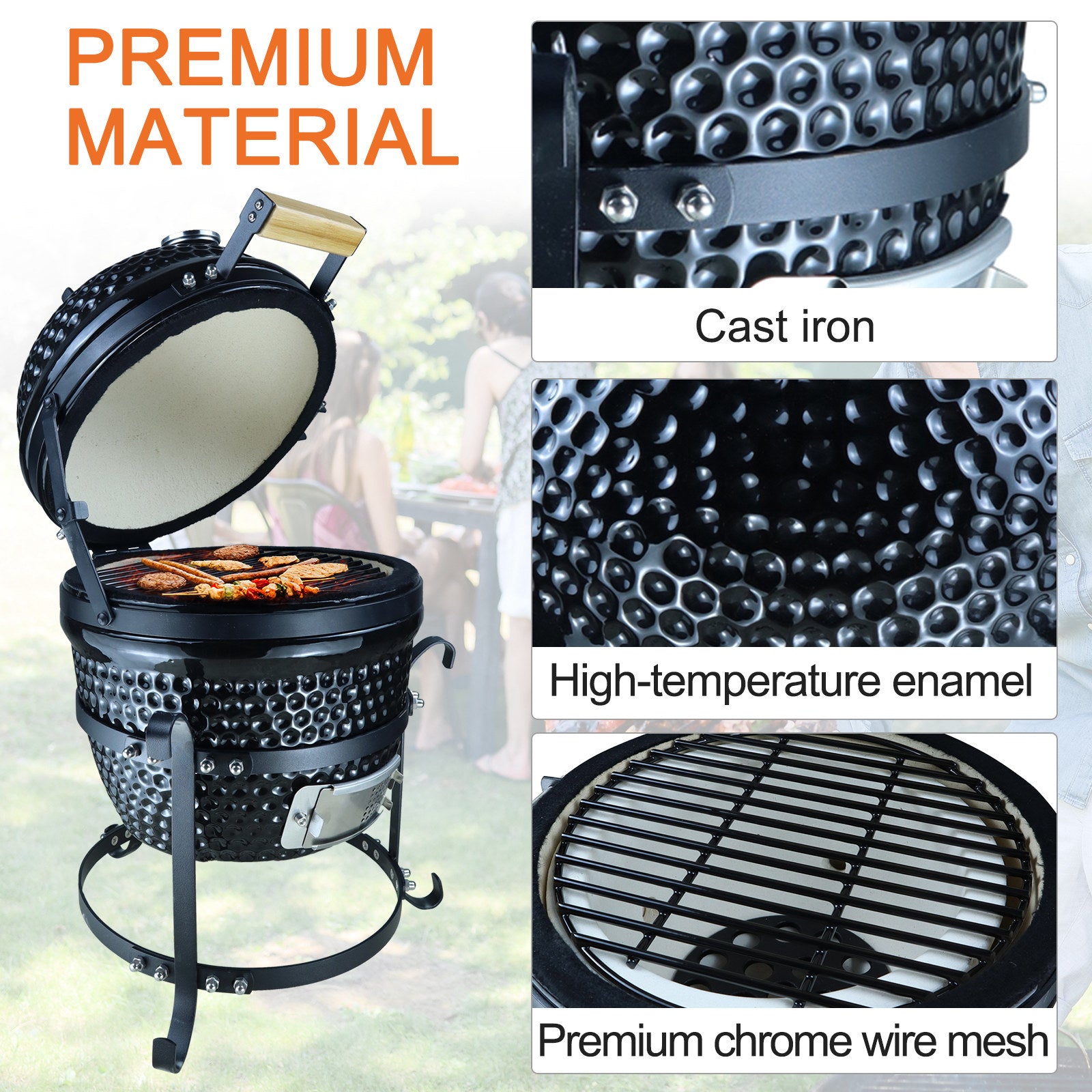 Outsunny Cast Iron Ceramic Kamado Charcoal BBQ Oven Black