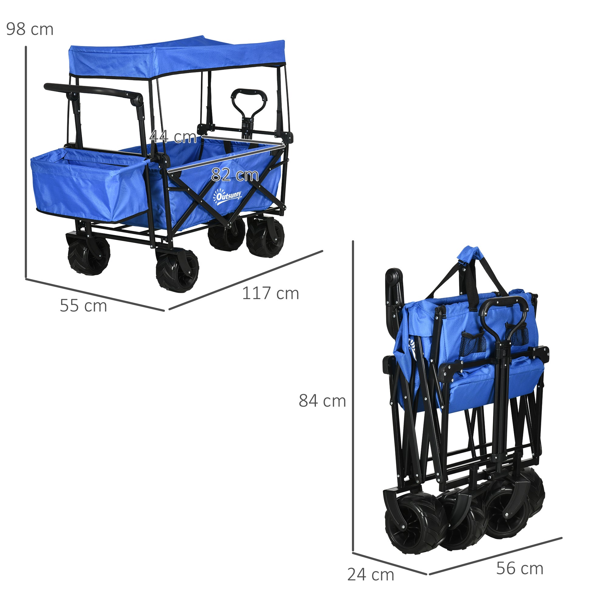 Outsunny Folding Trolley Cart Storage Wagon Beach Trailer 4 Wheels with Handle Overhead Canopy Cart Push Pull for Camping