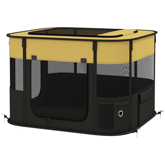 Foldable Dog Pen with Storage Bag for Indoor/Outdoor Use, Portable Pet playpen, with Ground Stakes - Yellow-0