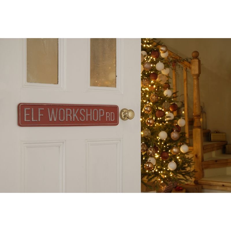 Elf Workshop Road Metal Decorative Sign Red 50cm