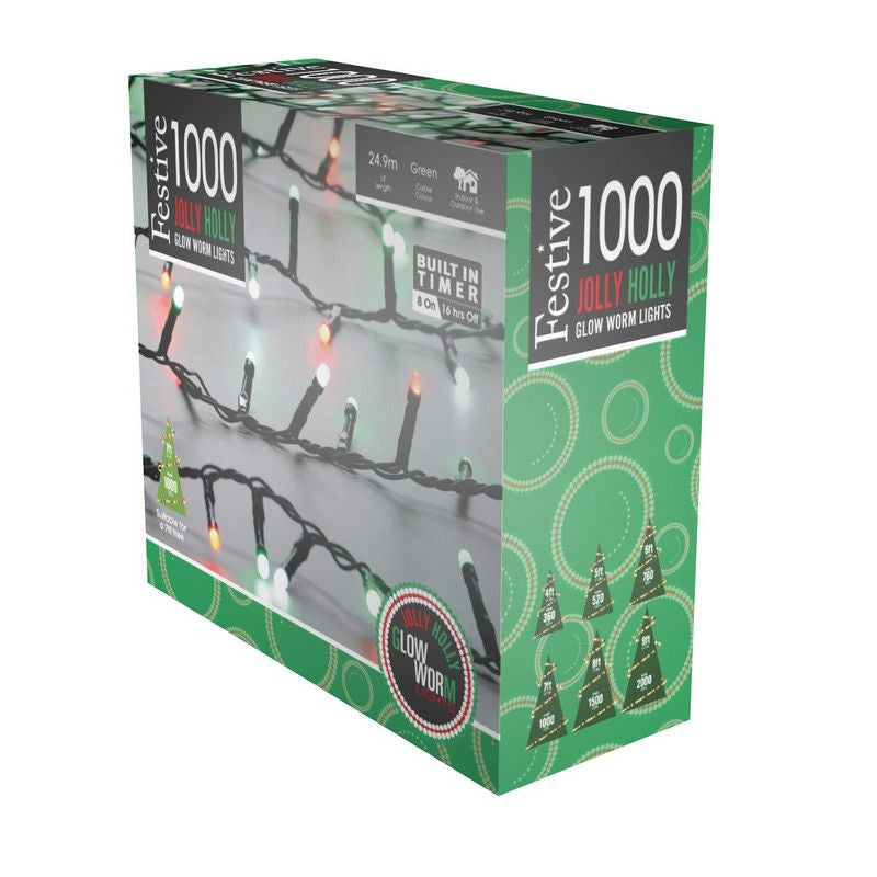 Christmas String Fairy Lights Multifunction Green & Red Outdoor 1000 LED - 24.97m Glow-Worm 