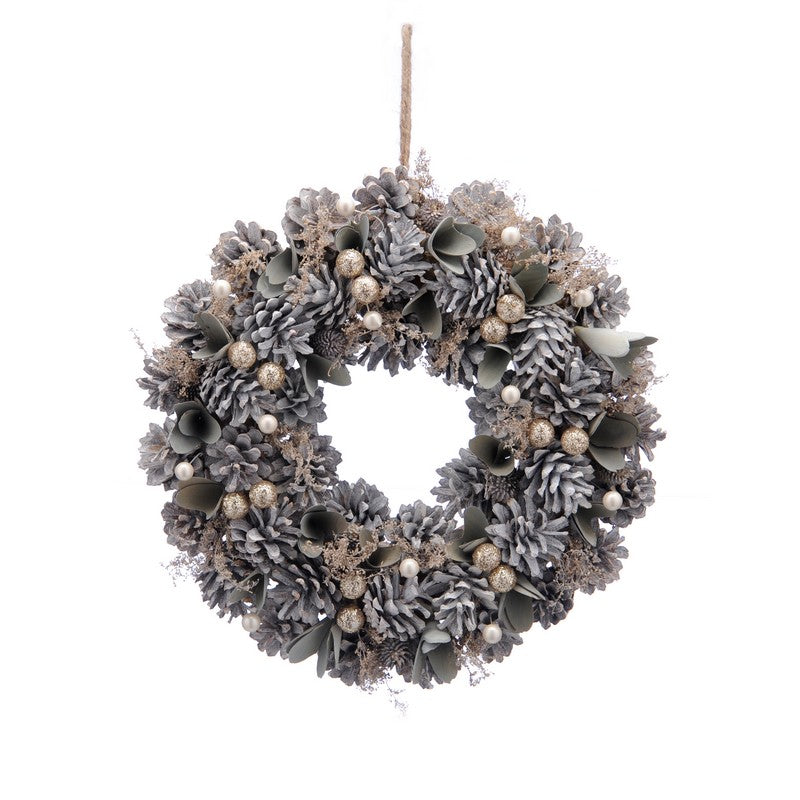 Wreath Christmas Decoration Green & Gold with Frosted Pattern - 36cm 