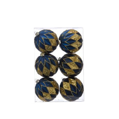 6 x Christmas Tree Baubles Decoration Blue & Gold with Glitter Pattern - 8cm