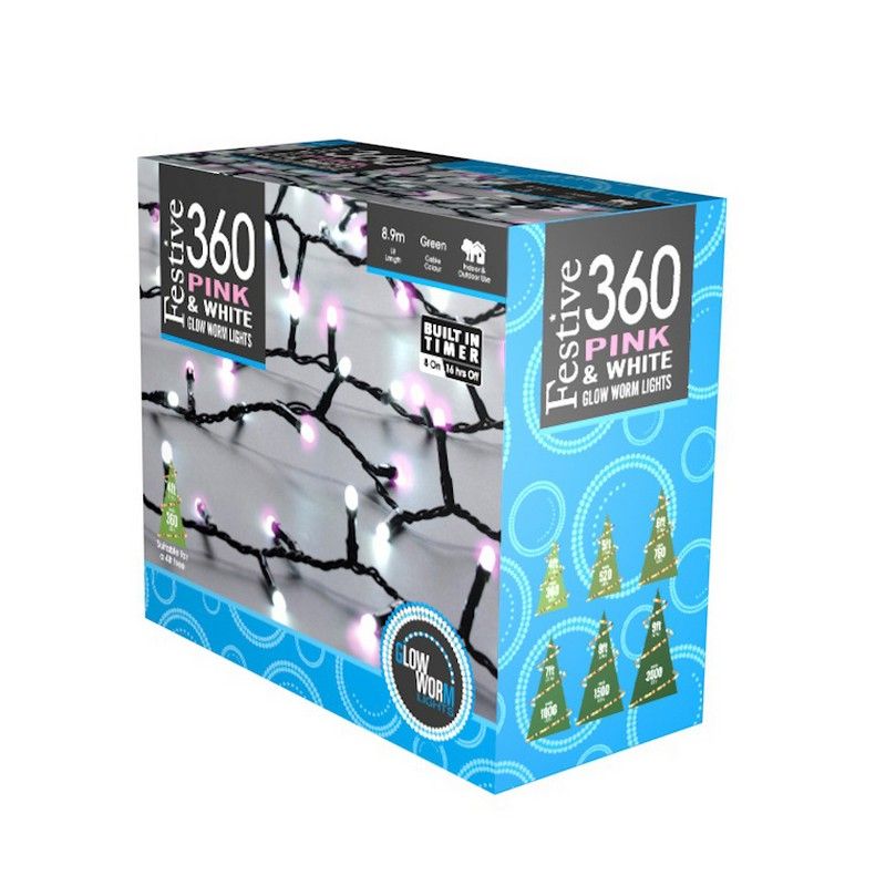 Christmas String Fairy Lights Multifunction Pink & White Outdoor 360 LED - 8.97m Glow-Worm 