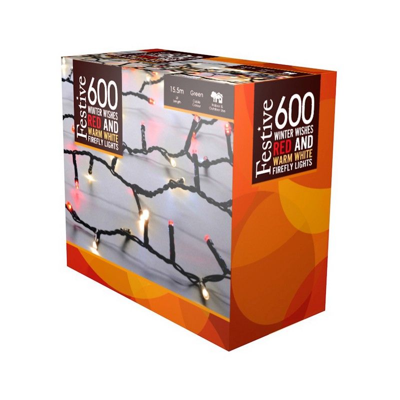 Christmas String Fairy Lights Animated Red & Warm White Outdoor 600 LED - 15.57m Winter Wishes 