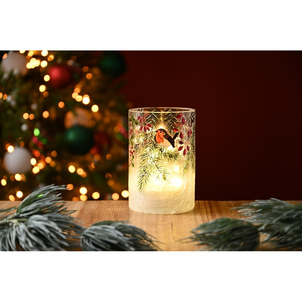 Christmas LED Christmas Robin  &  Berries Crackle Votive - 15cm