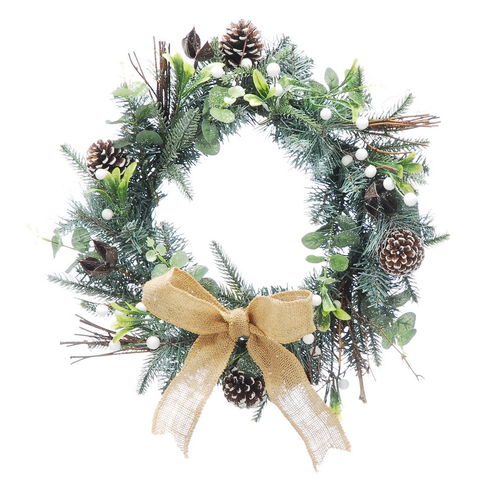 Pinecones & Berries Wreath Christmas Decoration White Frosted Green - 45cm