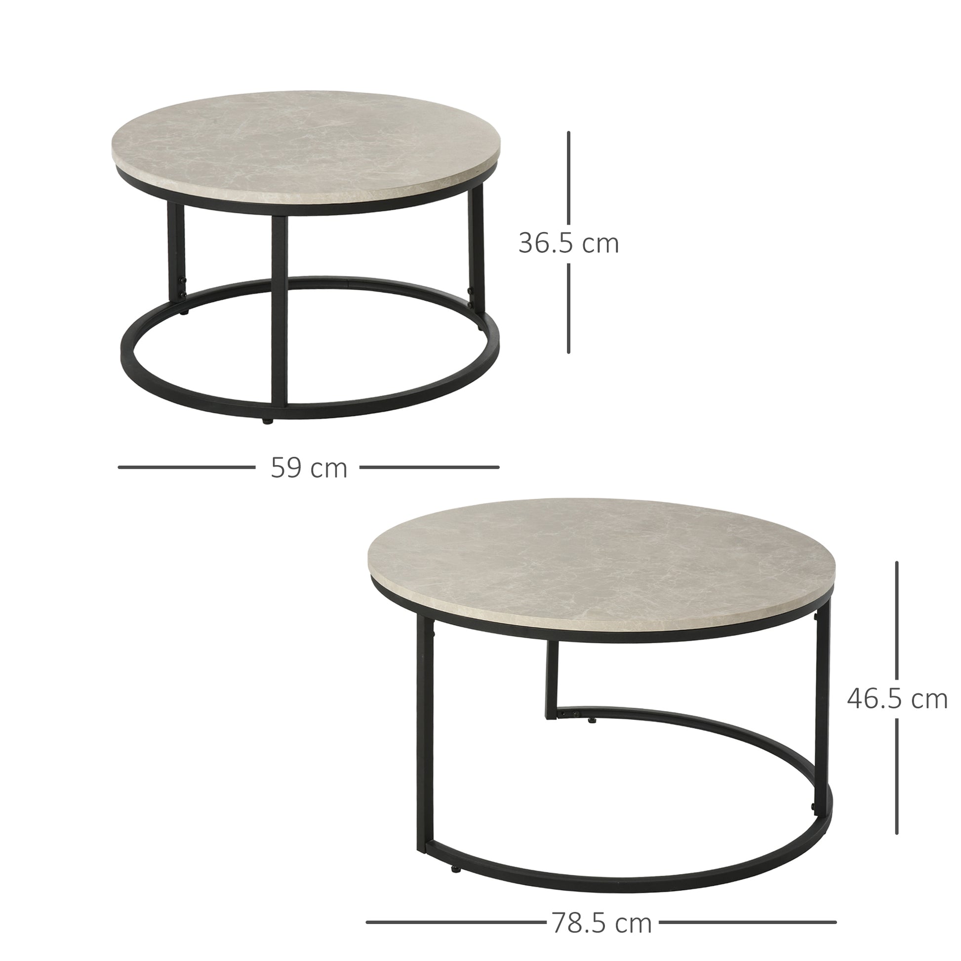 Homcom 2 Pcs Stacking Coffee Table Set w/ Steel Frame Marble-Effect Top Foot Pads Home Office Style Storage Display